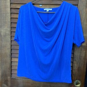 Green Envelope Blouse Womens Medium Blue Cowl Neck Draped Short Sleeve Pleated